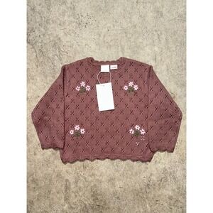 Zara Sweater Kids Size 2 Years Pink‎ Cutwork Knit Embroidered Flower Long Sleeve